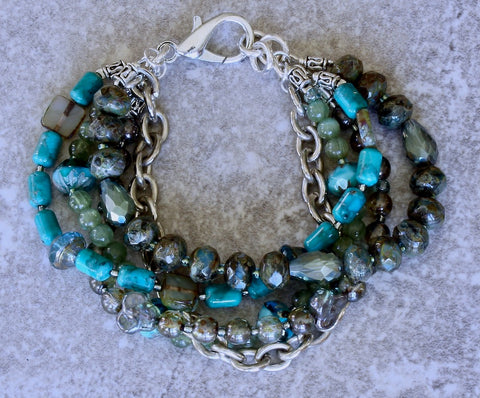 5-Strand Turquoise, Czech Glass and Sterling Silver Bracelet with a Sterling Silver Lobster Clasp