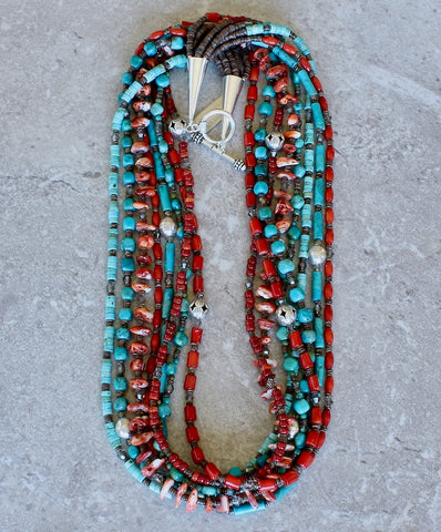8-Strand Turquoise, Coral & Spiny Oyster Shell Necklace with Olive Shell Heishi and Sterling Silver