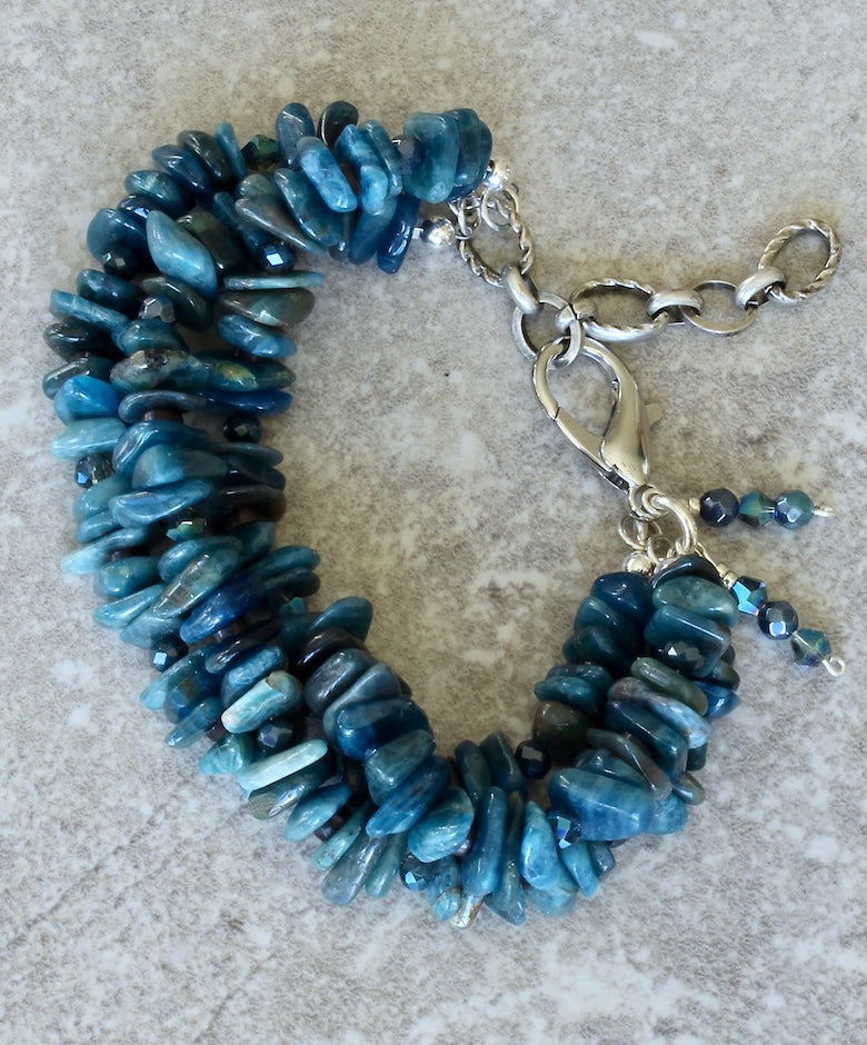 Blue Apatite Nugget 3-Strand Bracelet with Czech Glass and Sterling Silver