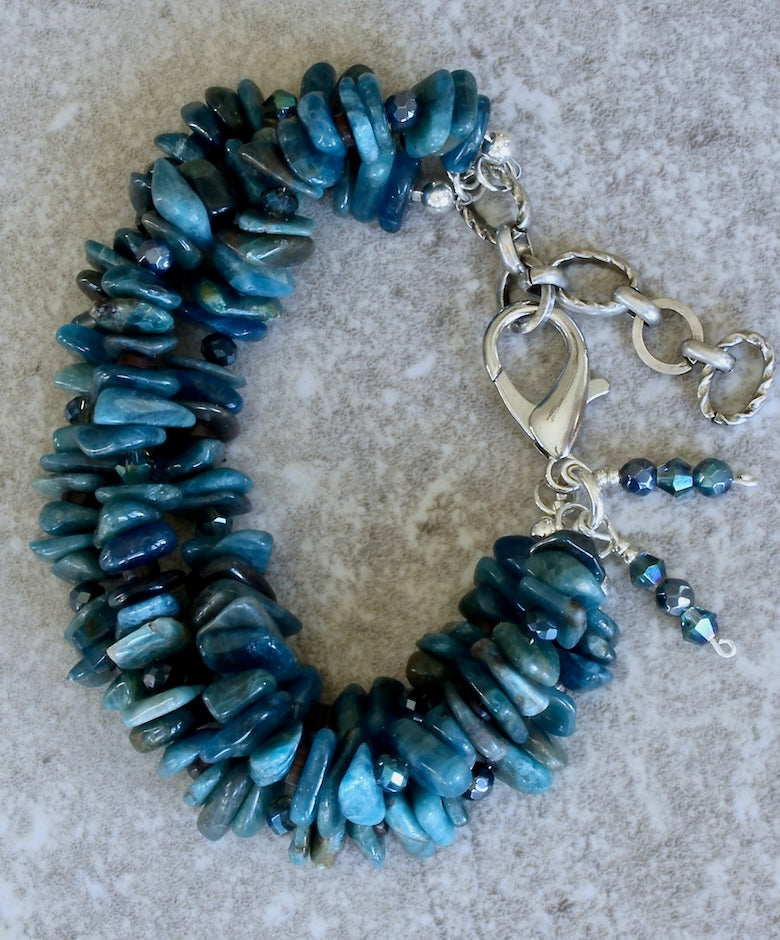 Blue Apatite Nugget 3-Strand Bracelet with Czech Glass and Sterling Silver