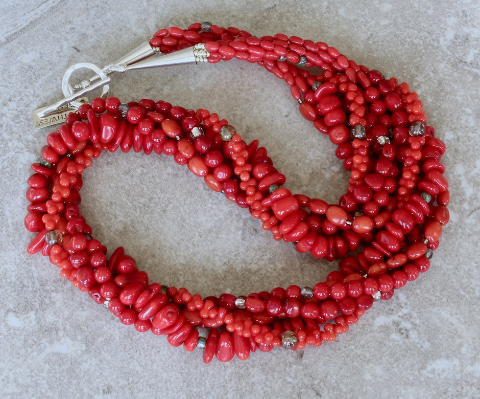 Bamboo Coral 5-Strand Twist Necklace with Czech Glass and Sterling Silver
