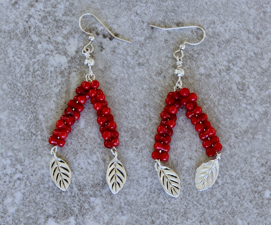 Bamboo Coral Peanuts 2-Dangle Earrings with Sterling Silver Leaf Charms and Earring Wires