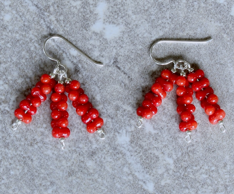 Bamboo Coral Peanuts 3-Dangle Earrings with Sterling Silver Earring Wires