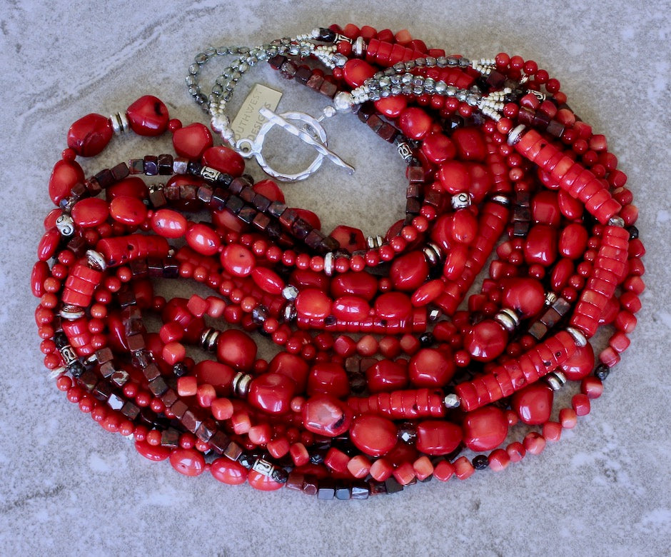 Mixed Bamboo Coral & Poppy Jasper 9-Strand Necklace with Czech Glass and Sterling Silver