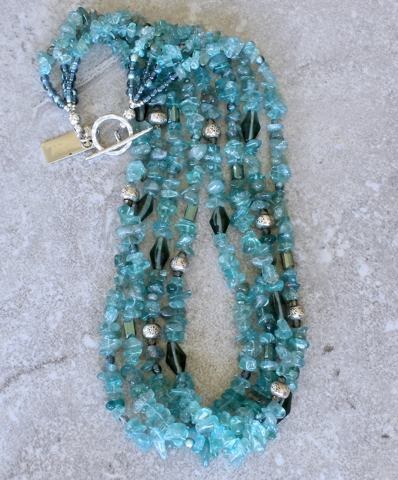 Blue Apatite Nugget 4-Strand Necklace with Crystal, Czech Glass and Sterling Silver