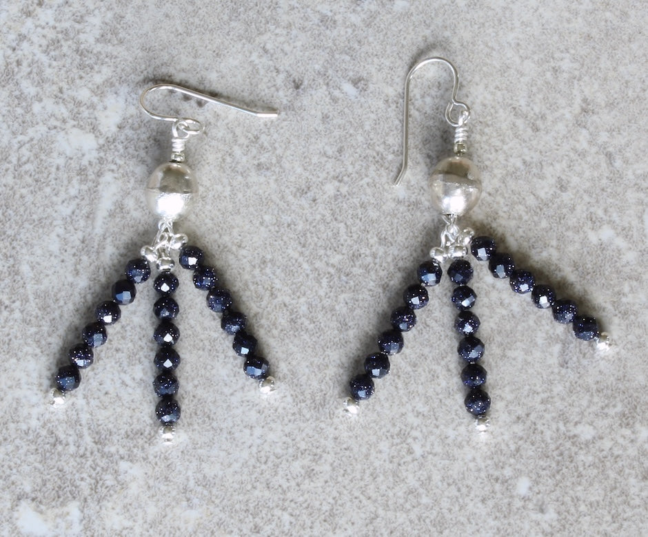 Blue Sandstone Rounds 3-Dangle Earrings with Handcrafted Sterling Silver Rounds and Earring Wires
