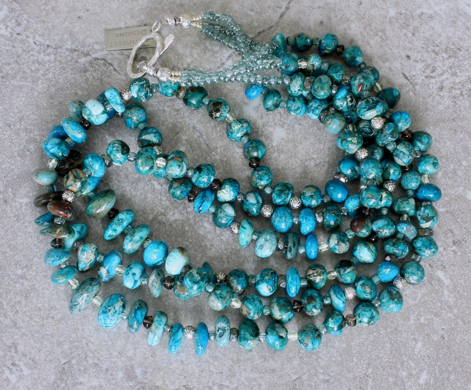 Blue Sea Sediment Jasper Pebble 3-Strand Necklace with Czech Glass and Sterling Silver