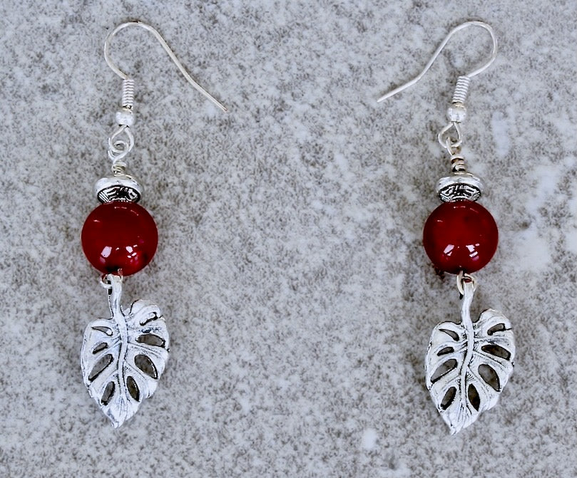 Burgundy Coral Rounds & Monstera Silver Leaf Charm Earrings with Sterling Silver Earring Wires