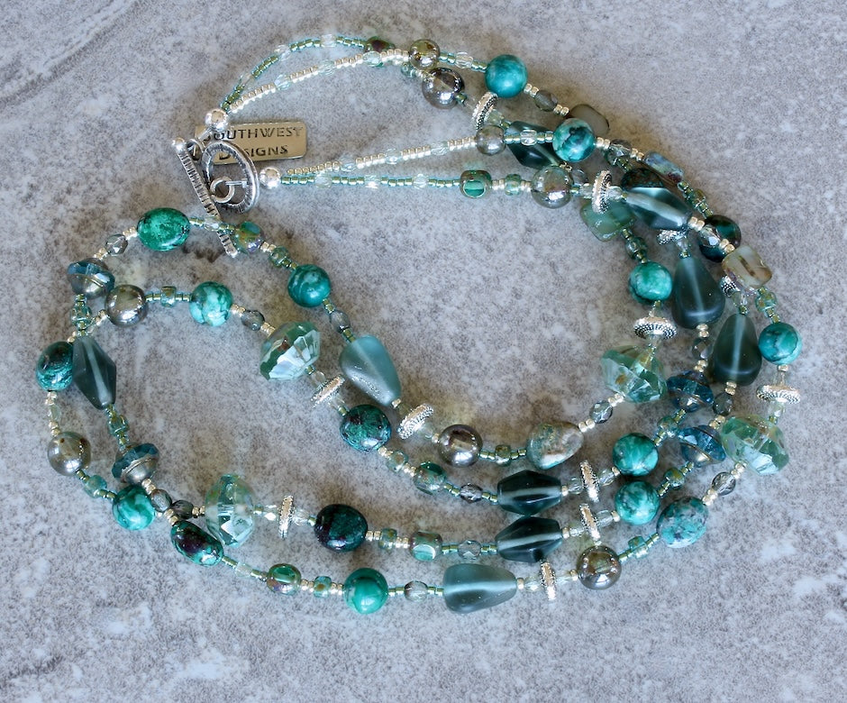 Czech Glass, Chrysocolla and Sleeping Beauty Jasper 2-Strand Necklace with Sterling Silver Beads & Toggle Clasp