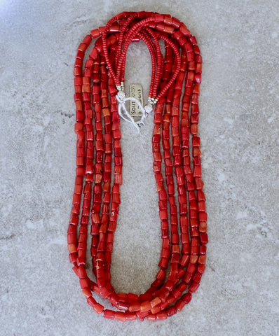 Bamboo Coral Cylinder Bead 5-Strand Necklace with Antique Pote Beads and Sterling