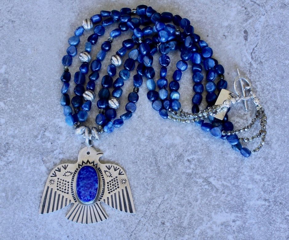 Lapis & Sterling Silver Thunderbird Pendant with 3 Strands of Kyanite Nuggets, Fire Polished Glass and Sterling Silver