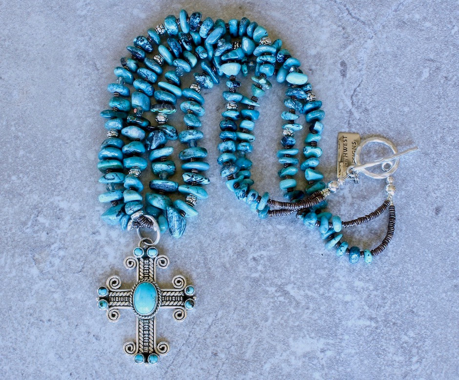 Dan Dodson Turquoise & Sterling Silver Cross Pendant with 2 Strands of Turquoise Nuggets, Czech Glass and Sterling Silver