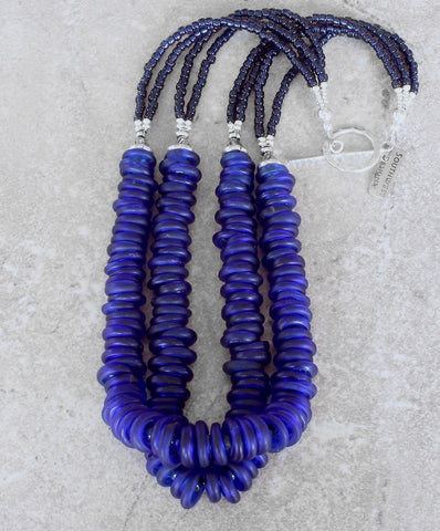Dutch Dogon Rings 2-Strand Necklace with Lapis, Indigo Glass Rondelles, and Sterling Silver