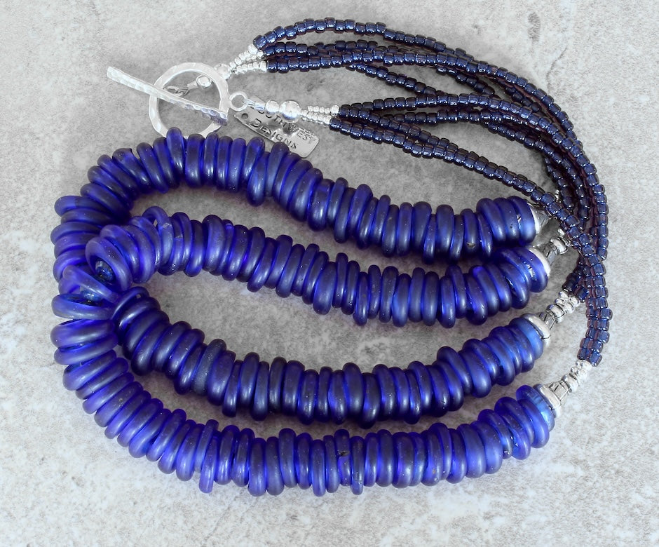 Dutch Dogon Rings 2-Strand Necklace with Lapis, Indigo Glass Rondelles, and Sterling Silver