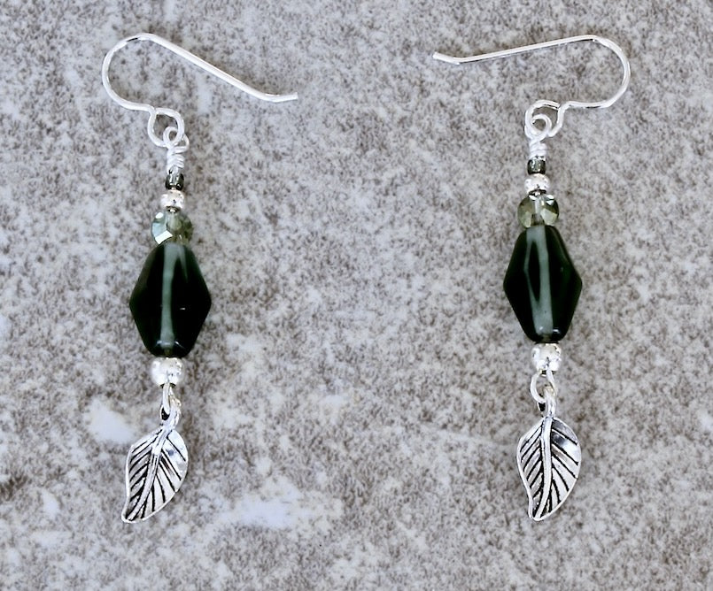 Green Czech Glass Faceted Cylinder Beads with Green Crystal Coin Beads and Sterling Silver Leaf Charms & Earring Wires