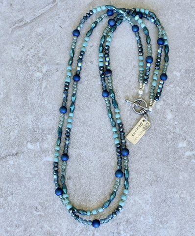 Indonesian Glass & Czech Glass 2-Strand Necklace with Sage Seed Beads and a Sterling Silver Toggle Clasp
