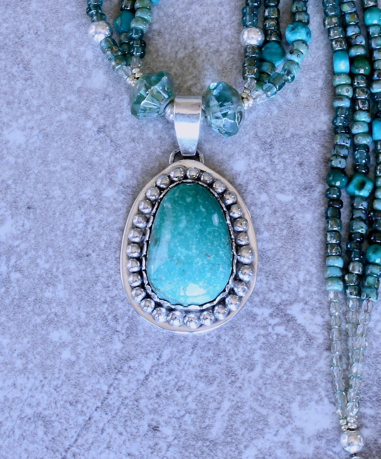 Campitos Turquoise and Sterling Silver Oval Pendant with 3 Strands of Turquoise, Czech Glass and Sterling Silver
