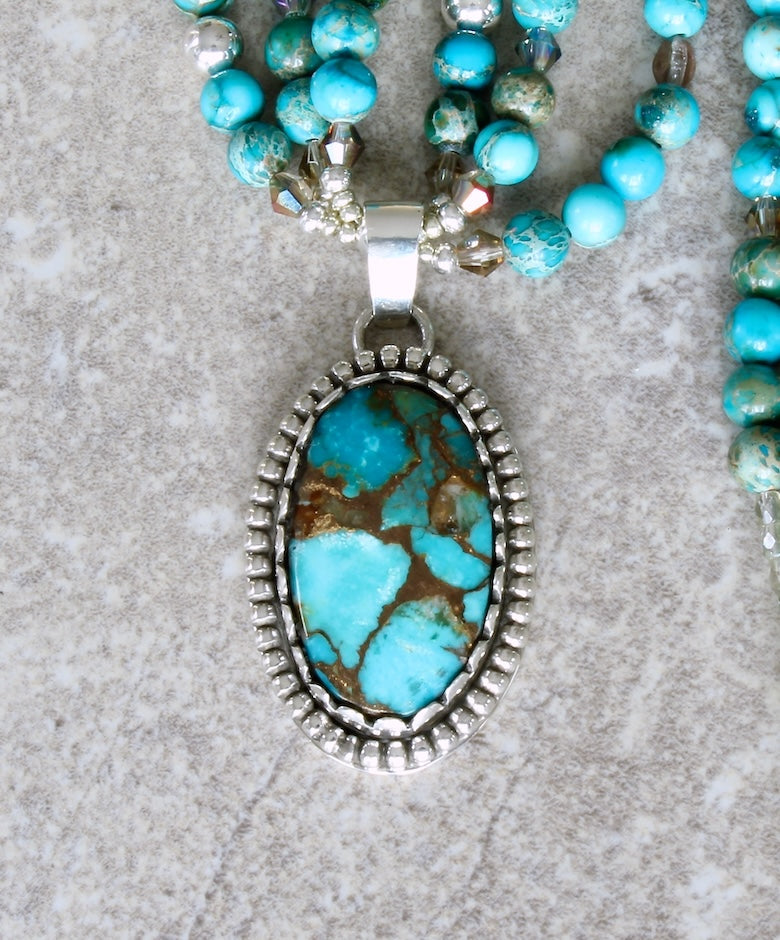 Kingman Turquoise & Sterling Silver Pendant with 3 Strands of Imperial Jasper, Fire Polished Glass and Sterling