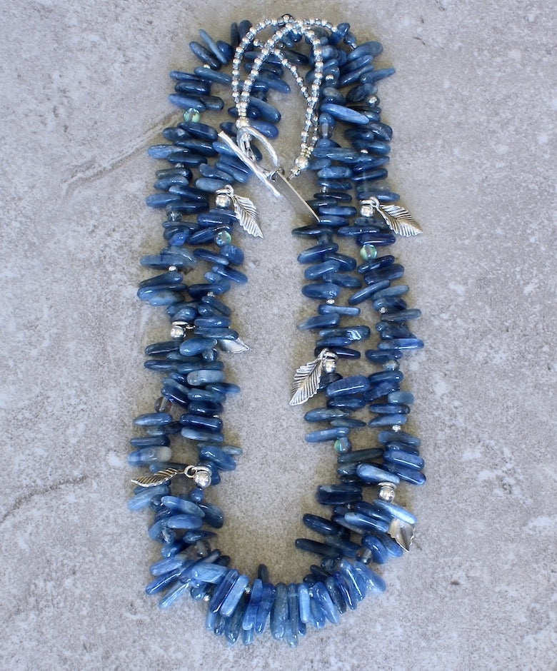 Kyanite Briolette 2-Strand Necklace with Blue Mystic Quartz and Sterling Silver Rounds, Leaf Charms and Toggle Clasp