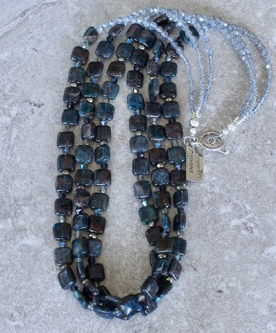 Kyanite Squares 3-Strand Necklace with Czech Glass, Pyrite and Sterling Silver