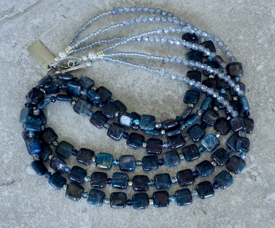 Kyanite Squares 3-Strand Necklace with Czech Glass, Pyrite and Sterling Silver
