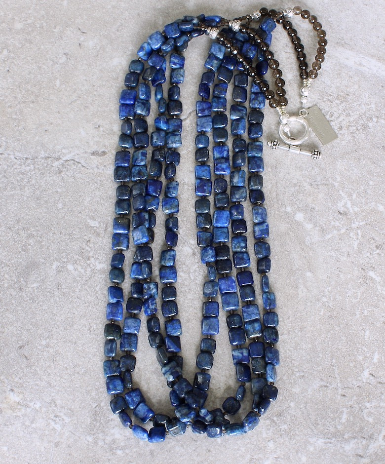 Lapis Lazuli Squares 4-Strand Necklace with Smoky Quartz Rounds & Rondelles, Hill Tribe Silver Ornate Rondelles, and a Sterling Silver Toggle Clasp