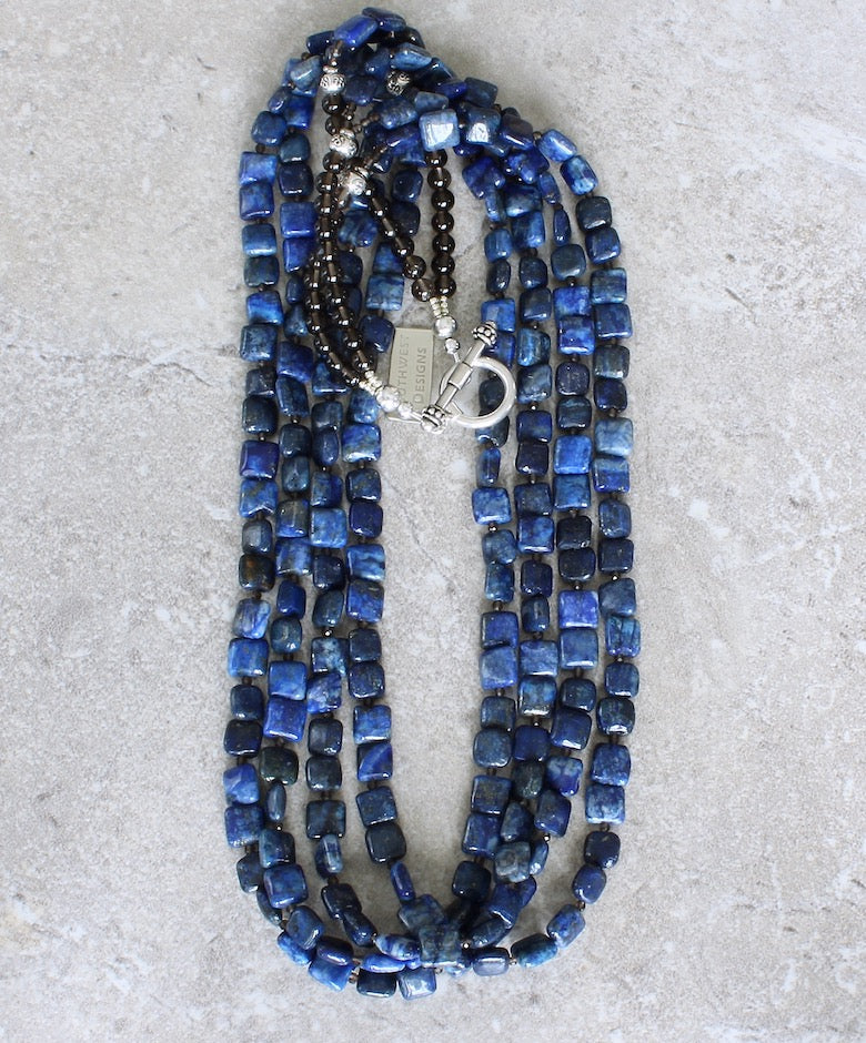 Lapis Lazuli Squares 4-Strand Necklace with Smoky Quartz Rounds & Rondelles, Hill Tribe Silver Ornate Rondelles, and a Sterling Silver Toggle Clasp