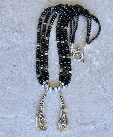 Merle House Tufa Cast 2-Pendant Necklace with Onyx, Hematite, Crystal and Sterling Silver