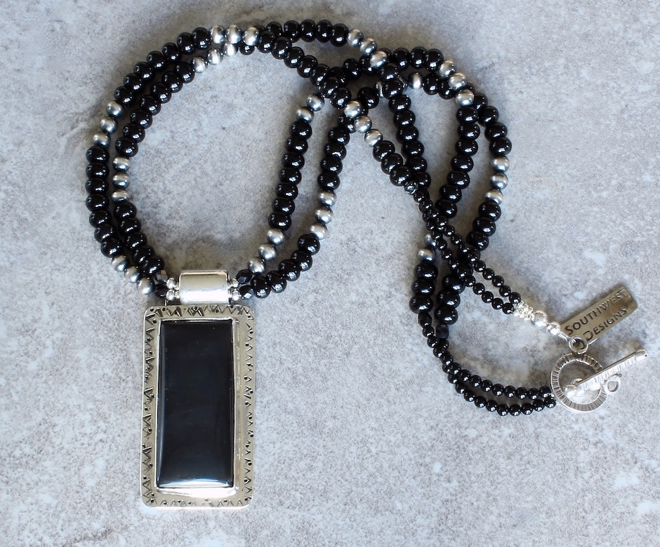 Mono Lake Obsidian and Sterling Silver Pendant with Onyx, Oxidized Sterling Rounds, and A Sterling Silver Toggle Clasp