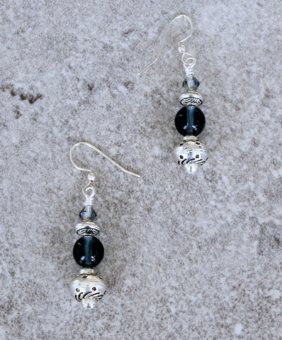 Montana Blue Czech Druk Glass Earrings with Czech Crystal Bicones and Sterling Silver Beads & Earring Wires