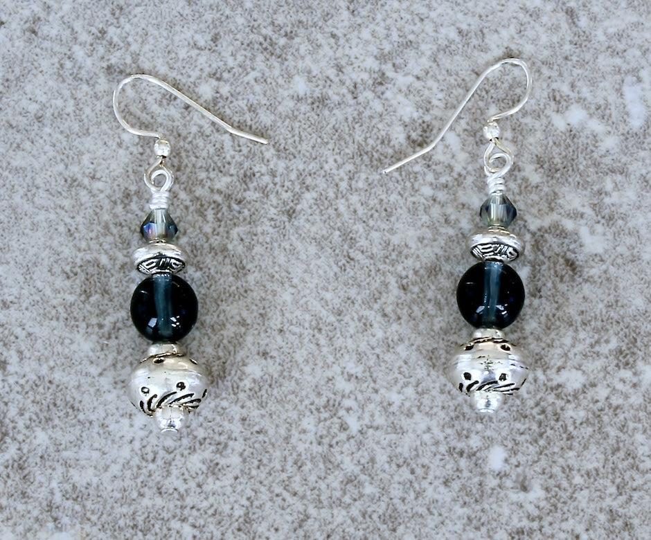 Montana Blue Czech Druk Glass Earrings with Czech Crystal Bicones and Sterling Silver Beads & Earring Wires