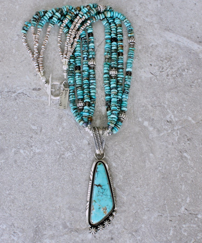 Nila Cook Johnson Turquoise & Sterling Silver Pendant with 4 Strands of Turquoise Rondelles, Smoky Quartz and Sterling Silver