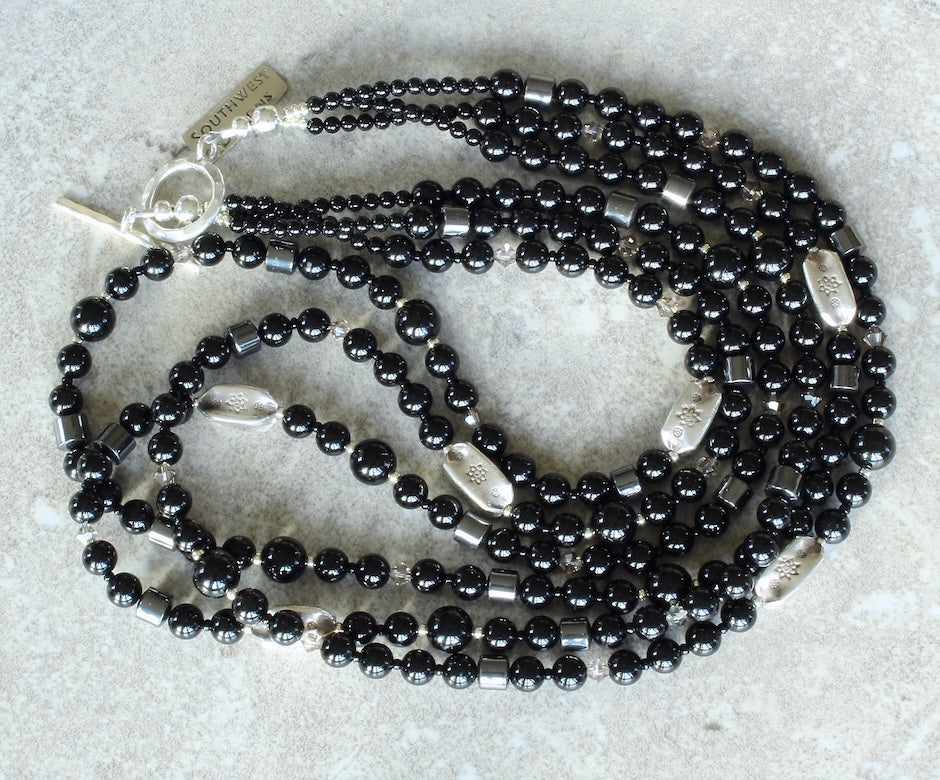 Black Onyx Rounds 3-Strand Necklace with Hill Tribe Silver, Czech Glass, Hematite and a Sterling Silver Toggle Clasp