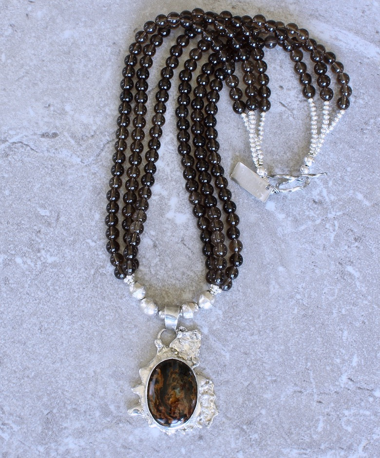 Pietersite and Reticulated Silver Art Pendant with Smoky Quartz and Sterling Silver