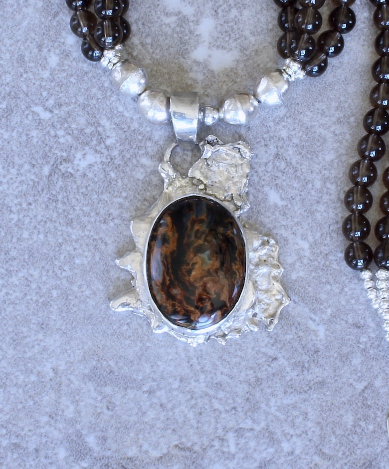 Pietersite and Reticulated Silver Art Pendant with 3 Strands of Smoky Quartz and Sterling Silver