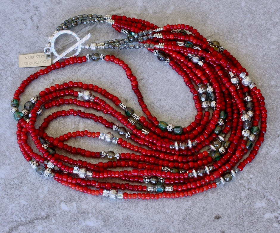 Antique Red White Heart Bead 6-Strand Necklace with Tiered Czech Glass and Sterling Silver