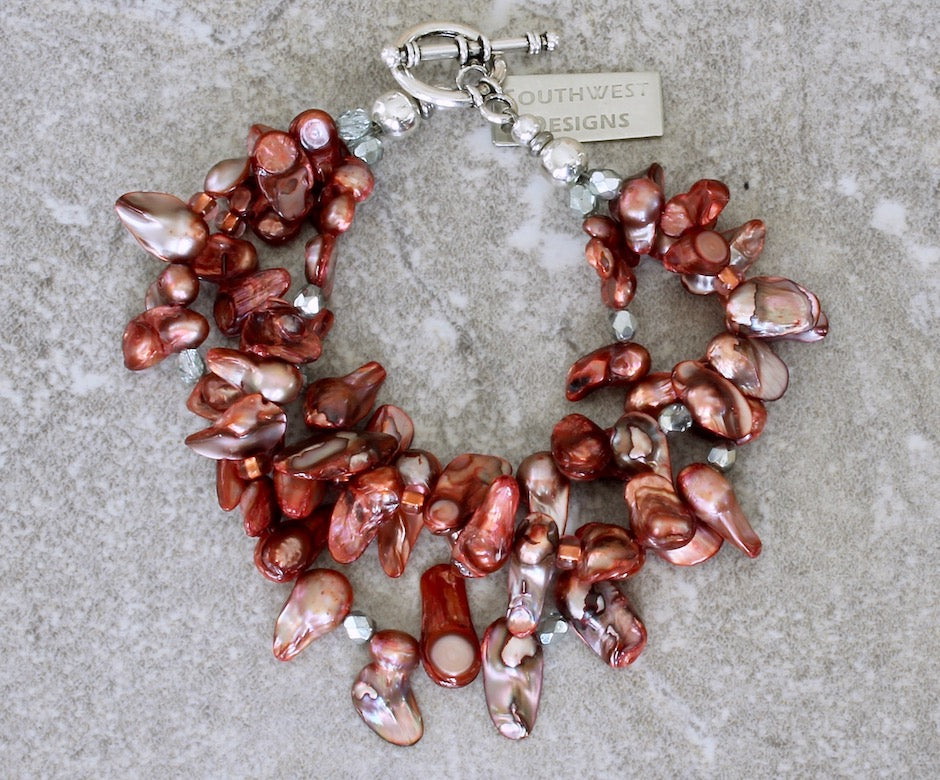 Rose-Colored Keshi Pearl 3-Strand Bracelet with Czech Glass and Sterling Silver