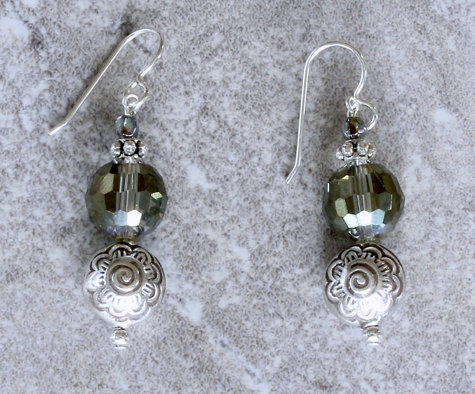 Sterling Silver Coin Bead Earrings with Translucent Green Faceted Glass and Sterling Earring Wires