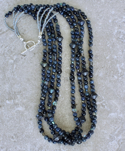 Dark Blue Sunset Dumortierite 4-Strand Necklace with Czech Glass and Sterling Silver