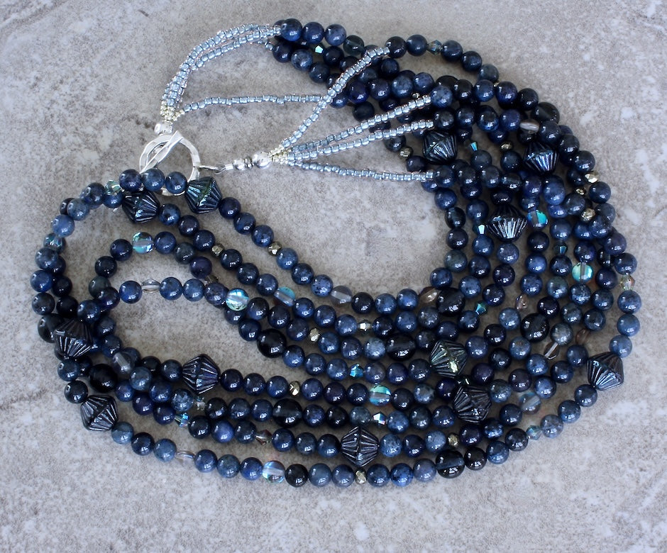 Dark Blue Sunset Dumortierite 4-Strand Necklace with Czech Glass and Sterling Silver