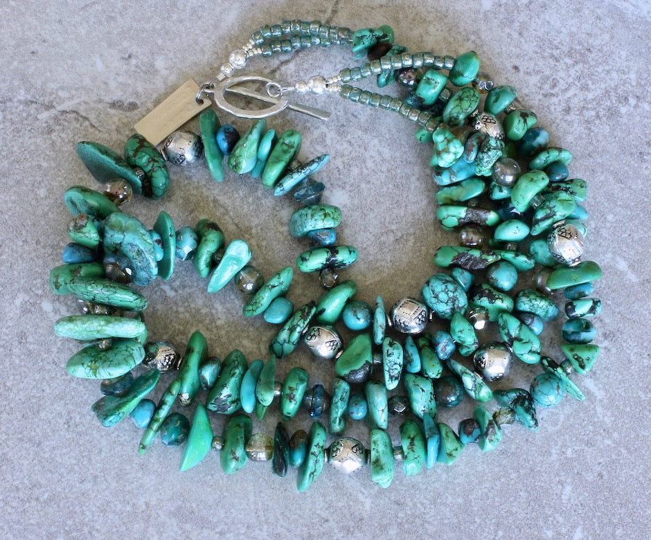 Graduated Turquoise Flat Nugget 2-Strand Necklace with Czech Glass and Sterling Silver