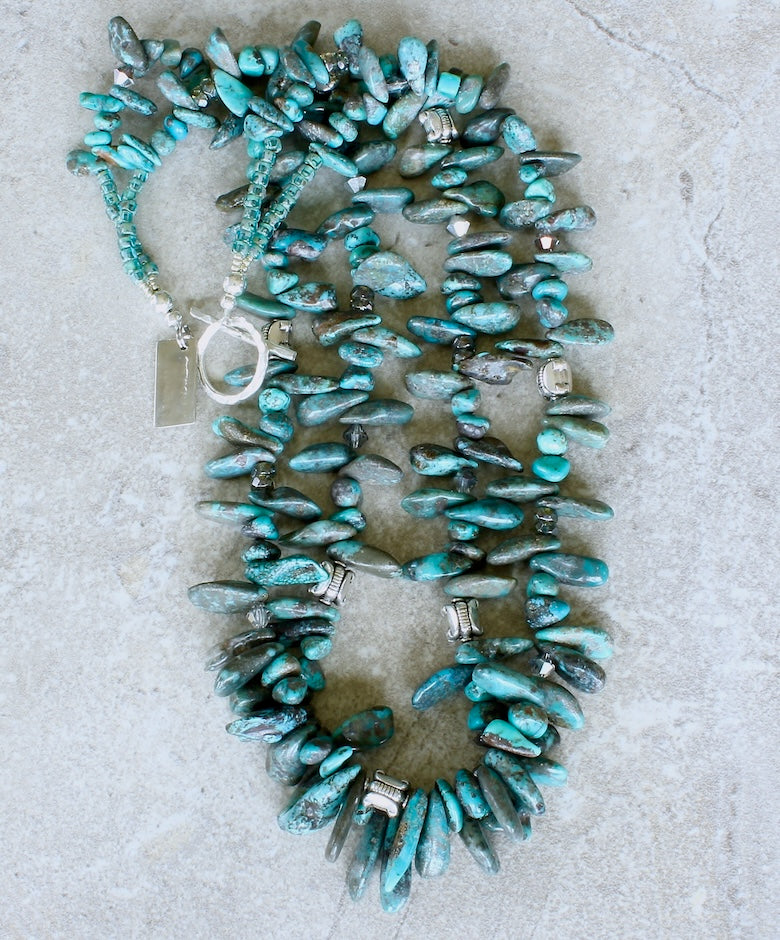 Turquoise Briolette & Nugget 2-Strand with Czech Glass and Sterling Silver Box Beads and Toggle Clasp