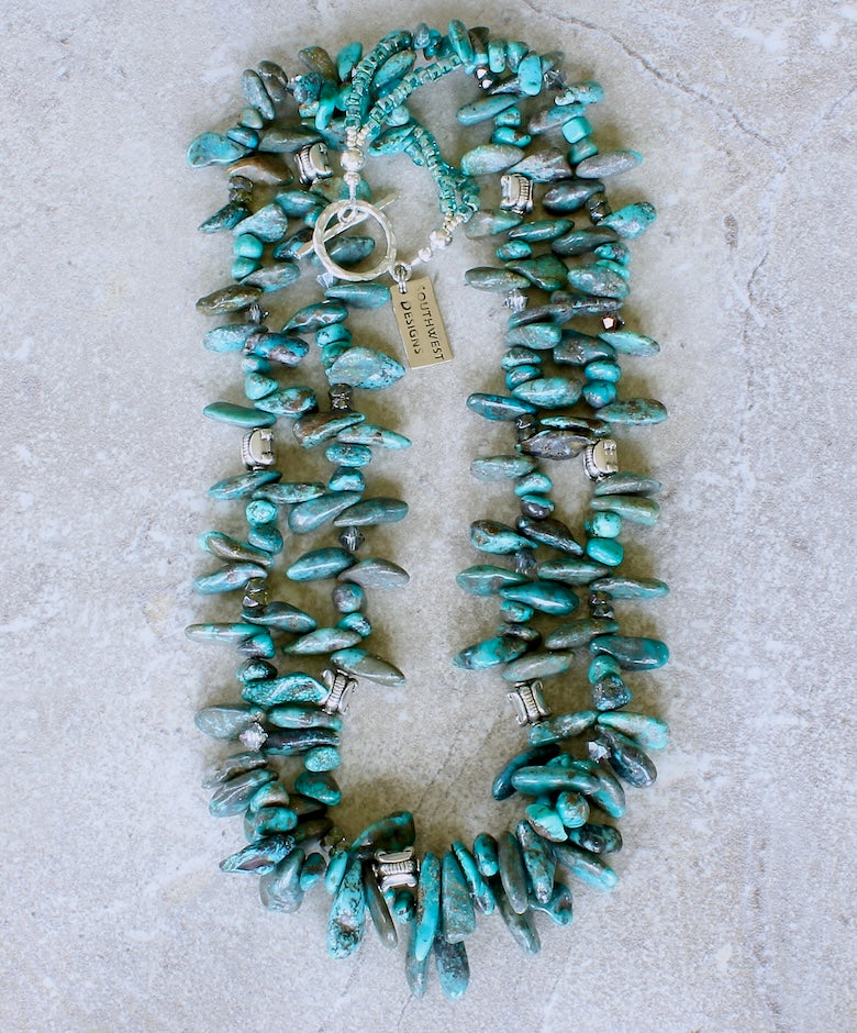 Turquoise Briolette & Nugget 2-Strand with Czech Glass and Sterling Silver Box Beads and Toggle Clasp