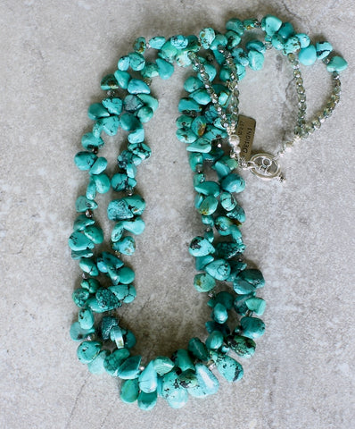 Turquoise Petal 2-Strand Necklace with Fire Polished Glass and Sterling Silver