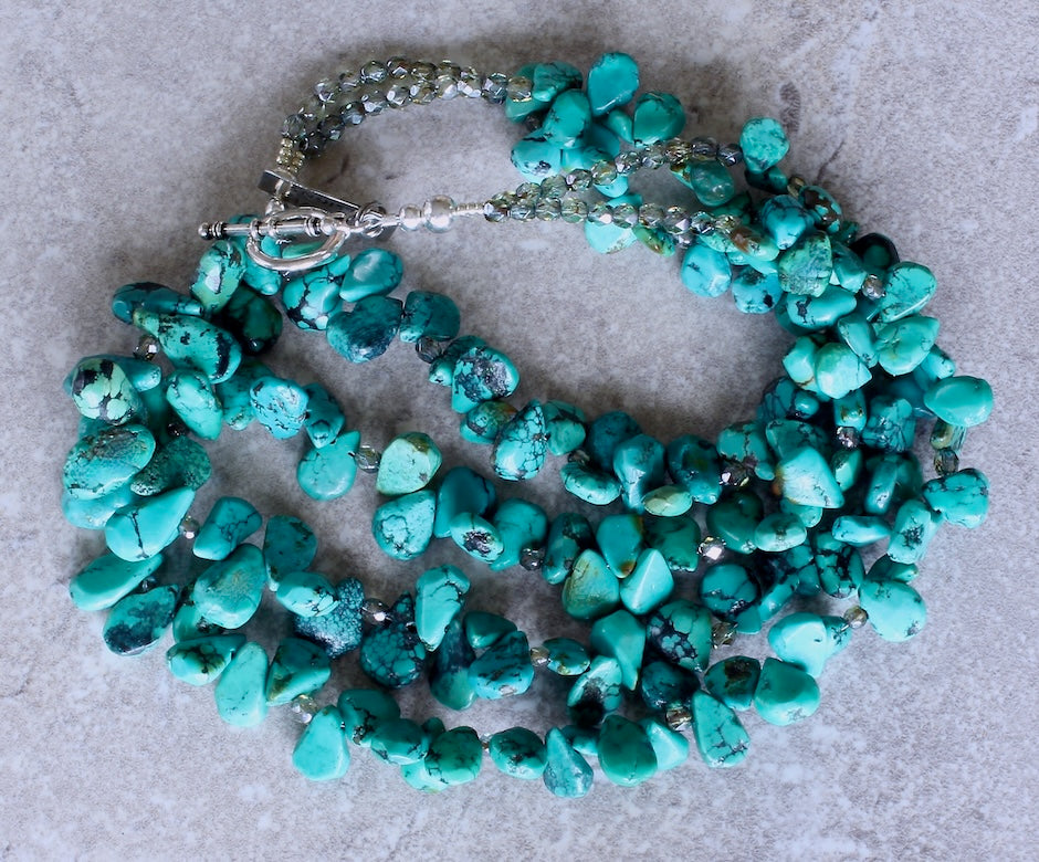 Turquoise Petal 2-Strand Necklace with Fire Polished Glass and Sterling Silver