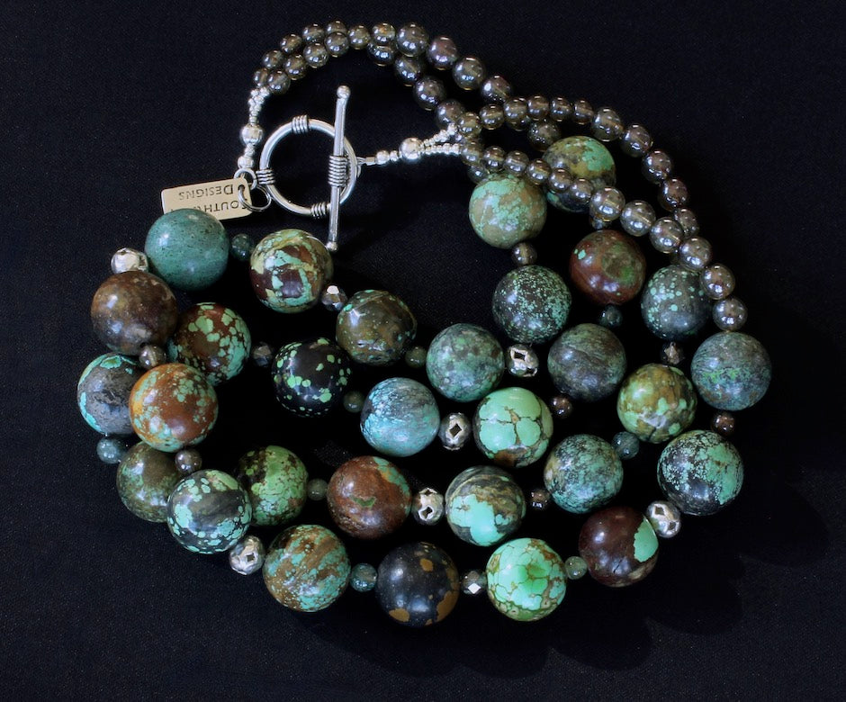 20mm Turquoise Rounds 2-Strand Necklace with Czech Glass, Quartz, Peridot and Sterling Silver