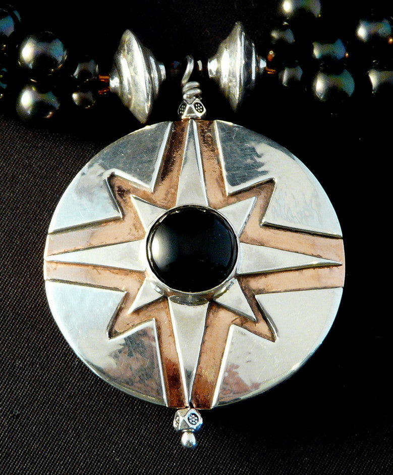 Onyx, Sterling Silver and Copper Pendant Necklace with Black Pearls