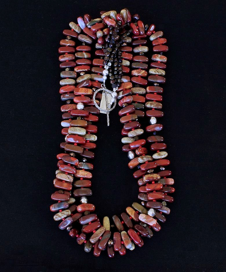 Apple Jasper Stick 3-Strand Necklace with Red Pote Beads, Czech Nailheads and Sterling Silver