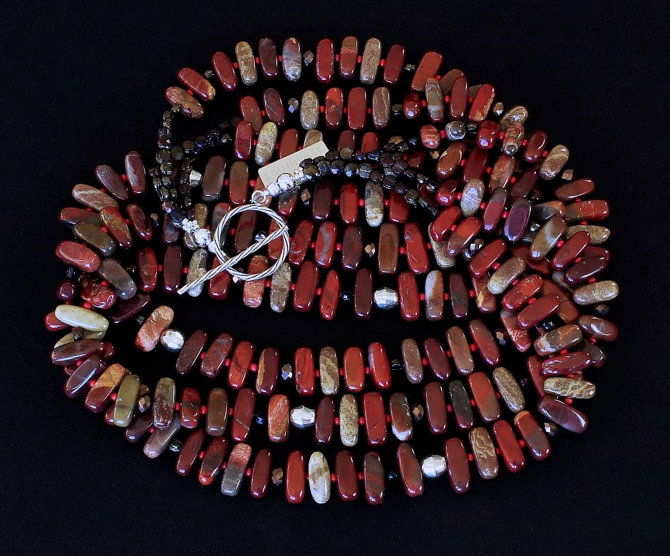 Apple Jasper Stick 3-Strand Necklace with Red Pote Beads, Czech Nailheads and Sterling Silver
