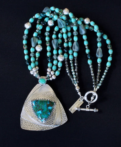Australian Chrysocolla & Chrysoprase and Sterling Silver Roller-Printed Pendant with Czech Glass and Sterling Silver